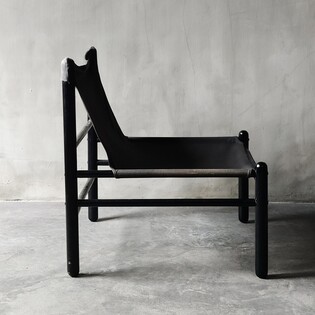 Danish black wooden and black canvas low chair, 60s