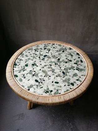 Mid-century green and white mosaic and bamboo table