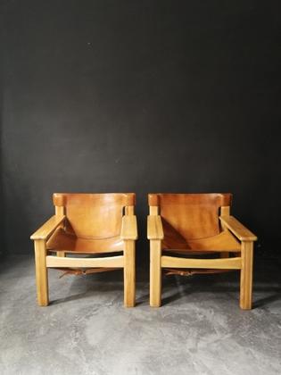 Pair of pine and leather Natura safari lounge chairs by Karin Mobring