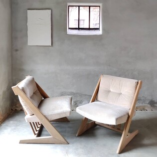 Pair of unusual loungechairs scandinavian design with beige velvet cushions