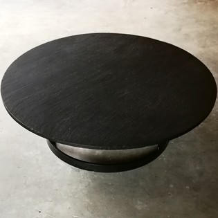 Slate round coffeetable on a black metal base, midcentury